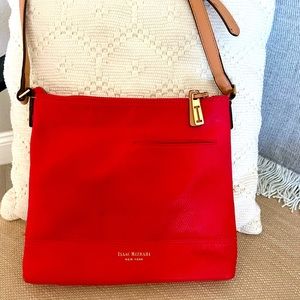 Isaac Mizrahi Kay Square Perforated Cross Body in Coral Red